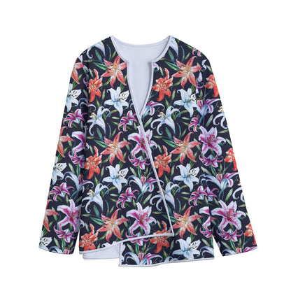 Watercolor Lily Flowers Pattern Print Long Sleeve Short Coat
