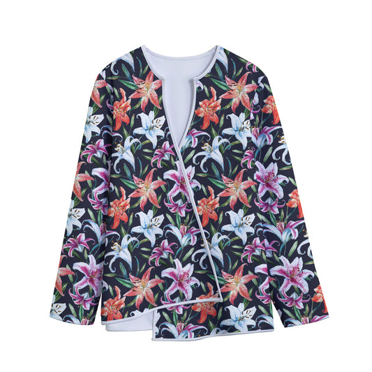 Watercolor Lily Flowers Pattern Print Long Sleeve Short Coat