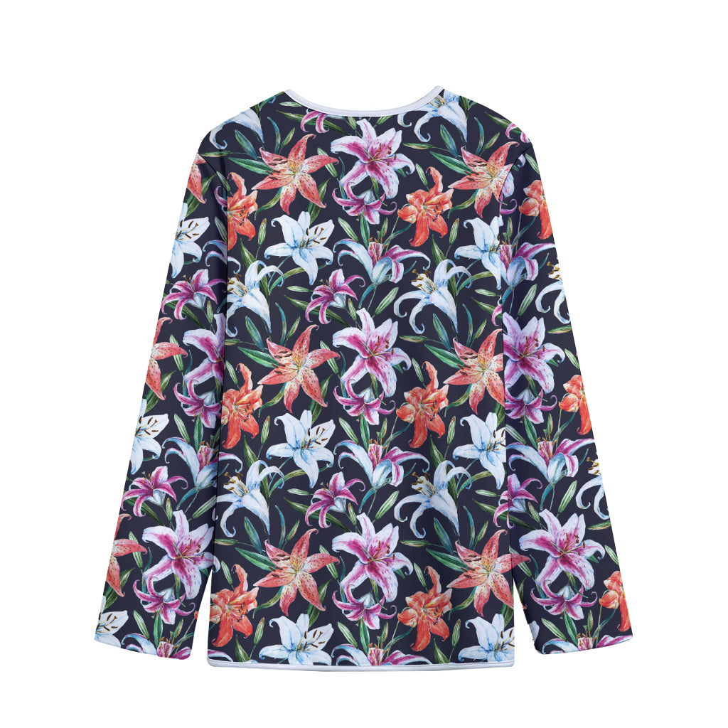 Watercolor Lily Flowers Pattern Print Long Sleeve Short Coat