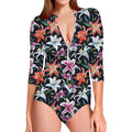 Watercolor Lily Flowers Pattern Print Long Sleeve Swimsuit
