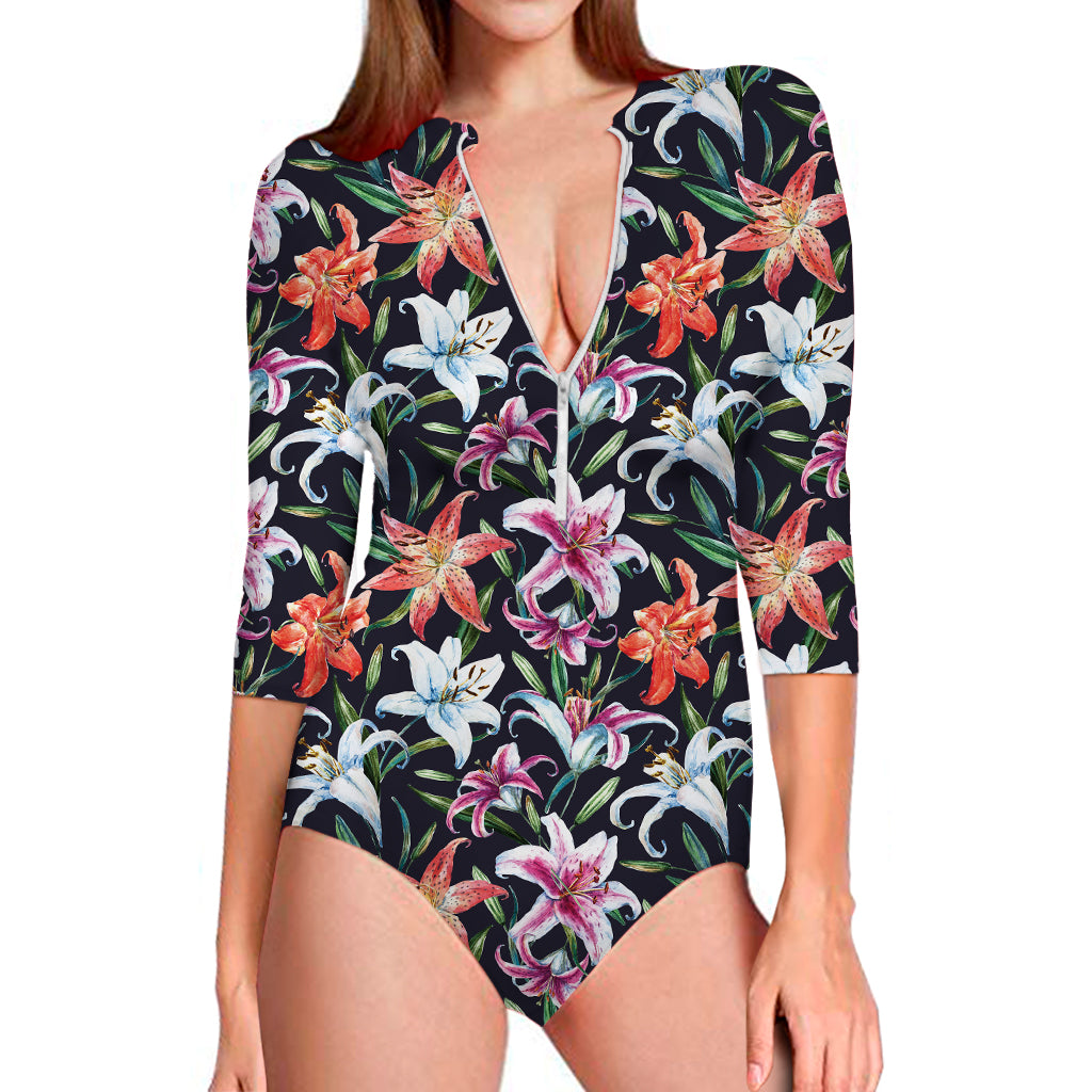 Watercolor Lily Flowers Pattern Print Long Sleeve Swimsuit