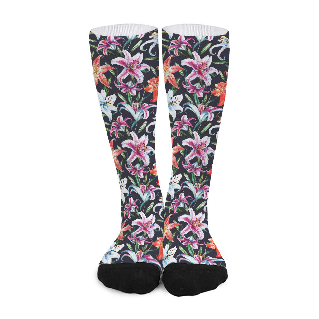 Watercolor Lily Flowers Pattern Print Long Socks