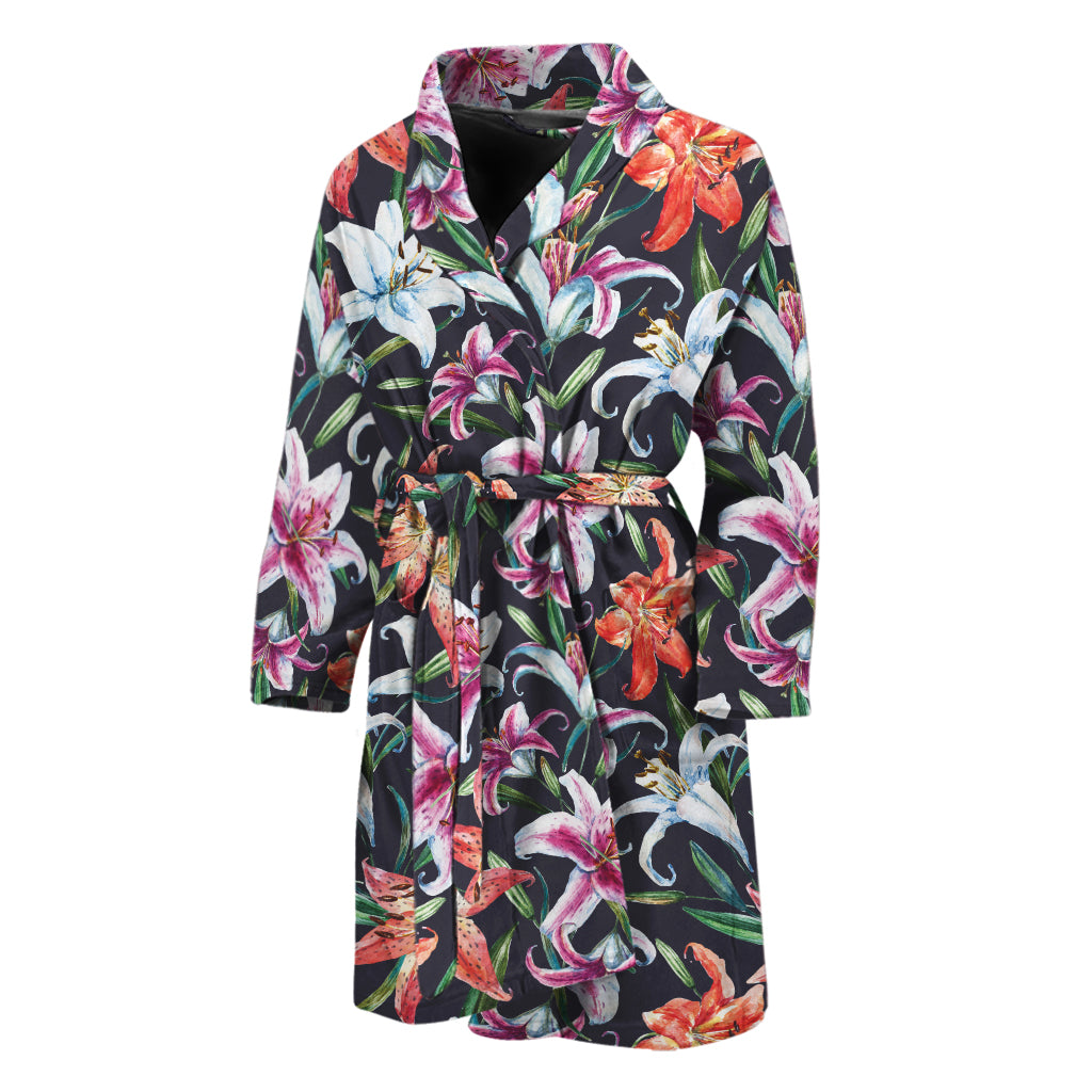 Watercolor Lily Flowers Pattern Print Men's Bathrobe