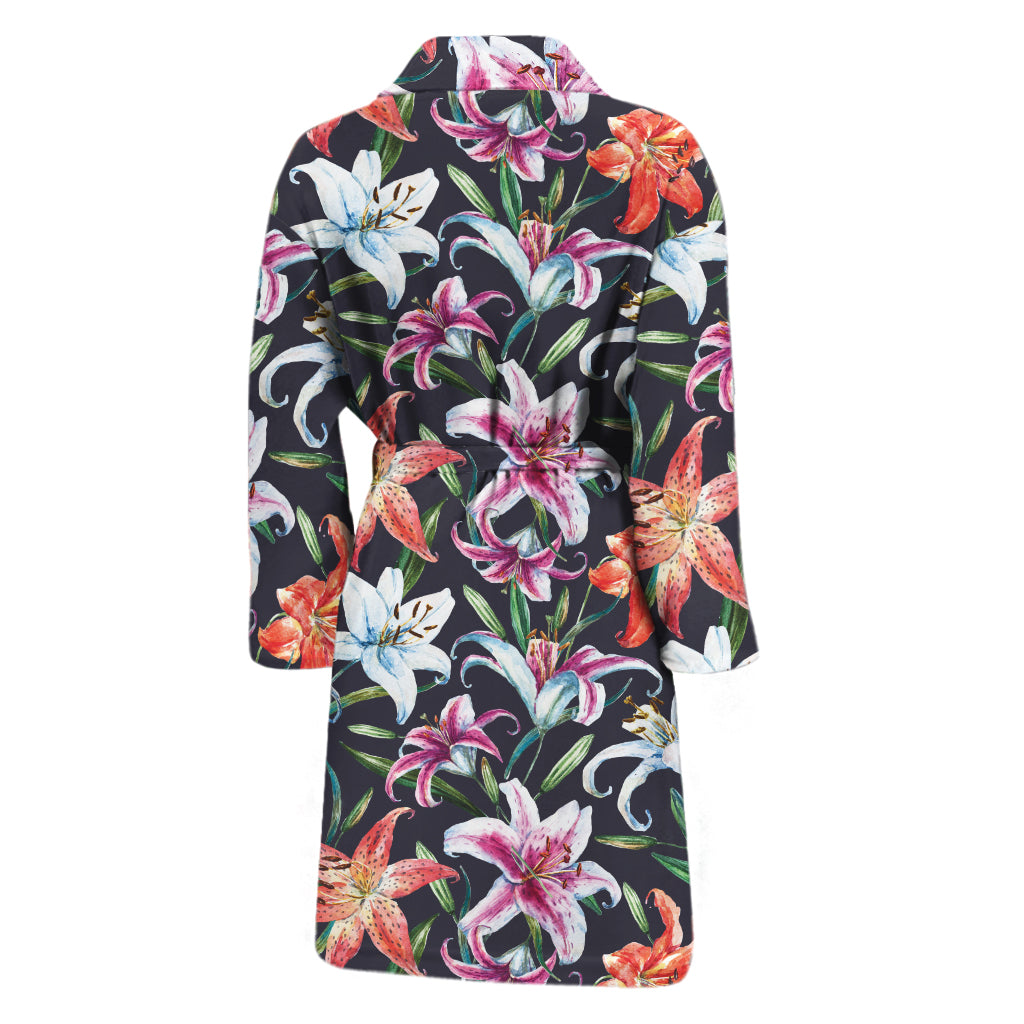 Watercolor Lily Flowers Pattern Print Men's Bathrobe