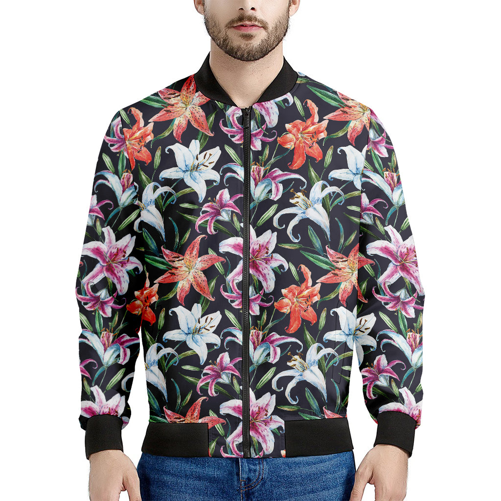 Watercolor Lily Flowers Pattern Print Men's Bomber Jacket