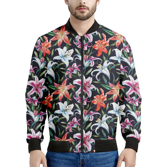 Watercolor Lily Flowers Pattern Print Men's Bomber Jacket