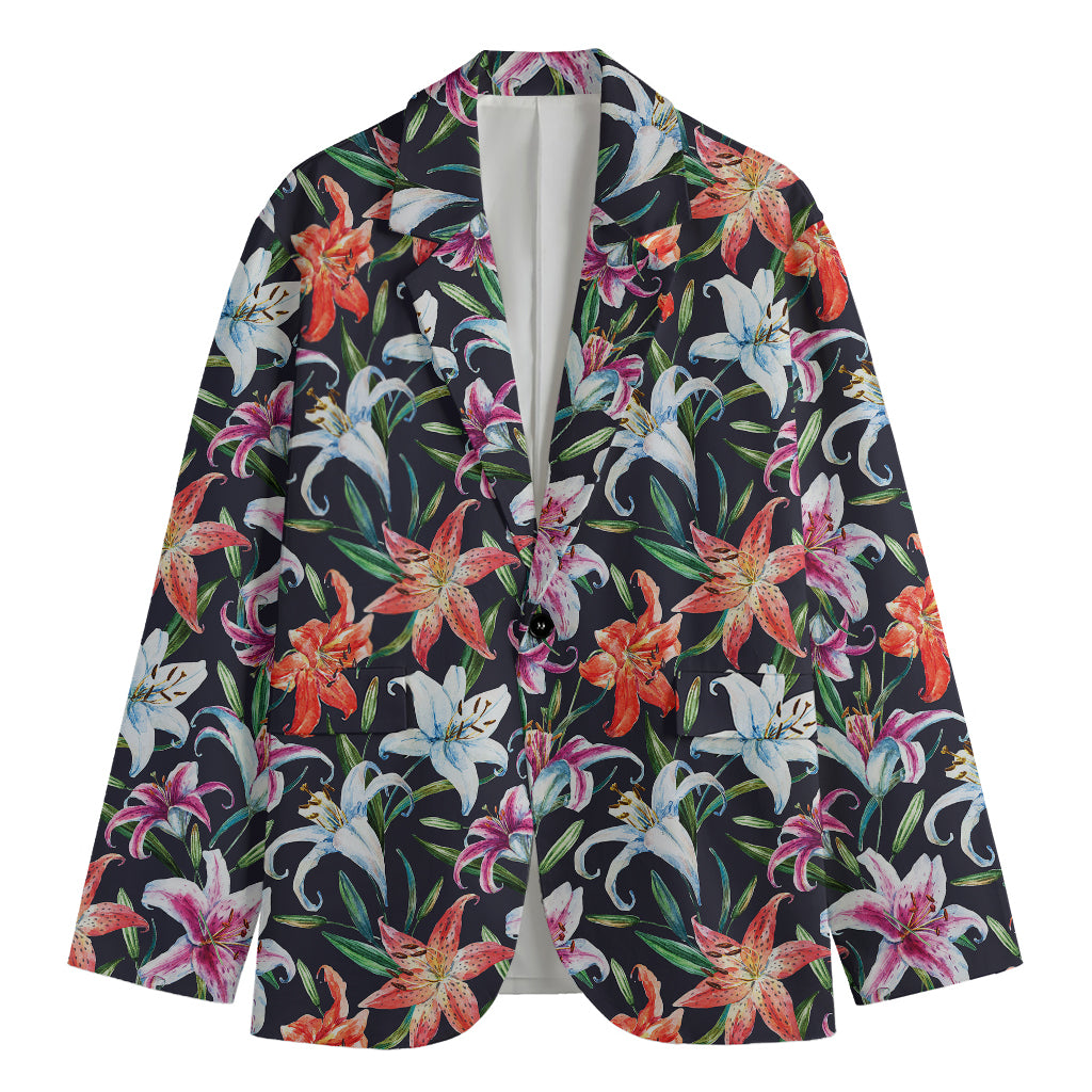 Watercolor Lily Flowers Pattern Print Men's Cotton Blazer
