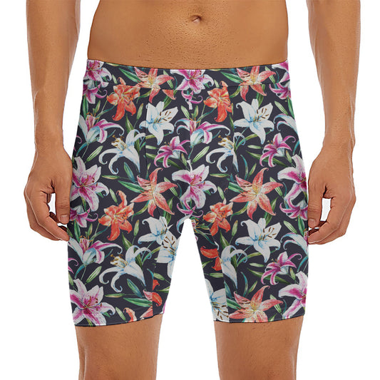 Watercolor Lily Flowers Pattern Print Men's Long Boxer Briefs