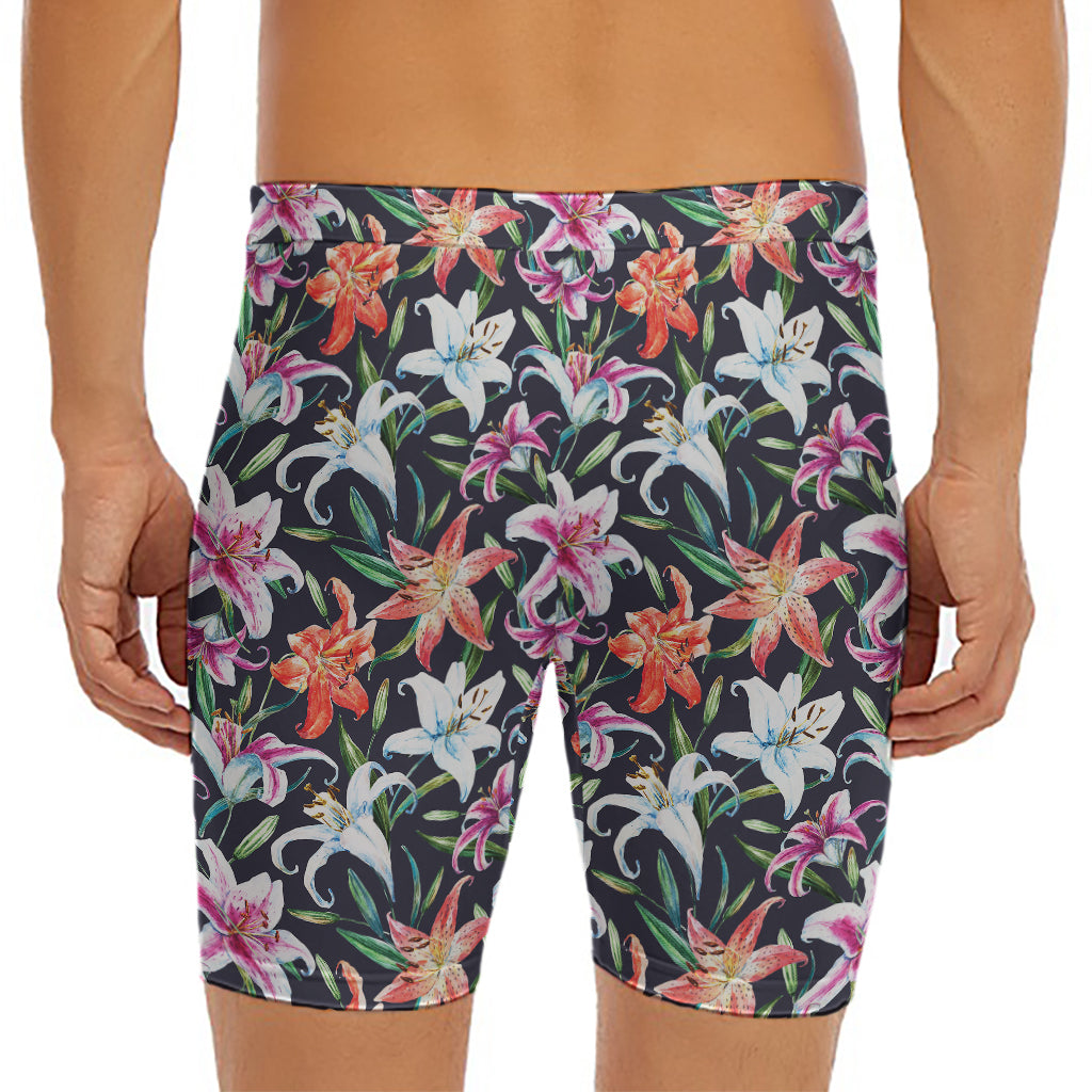 Watercolor Lily Flowers Pattern Print Men's Long Boxer Briefs
