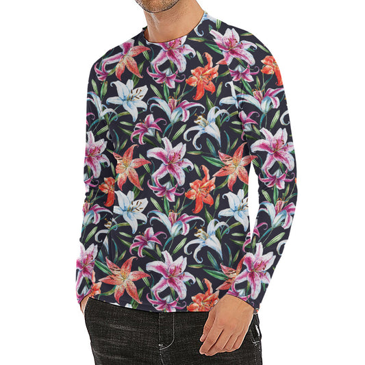 Watercolor Lily Flowers Pattern Print Men's Long Sleeve Rash Guard
