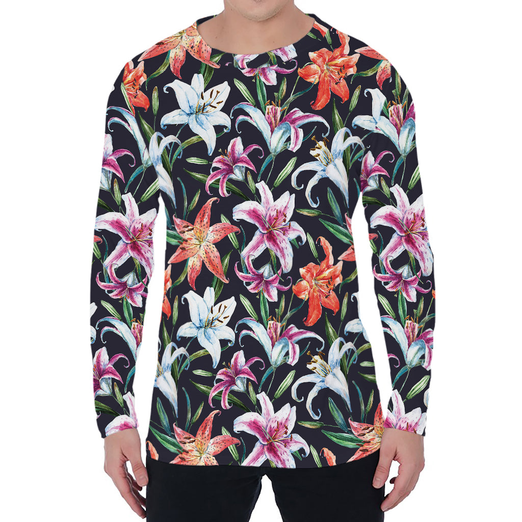 Watercolor Lily Flowers Pattern Print Men's Long Sleeve T-Shirt