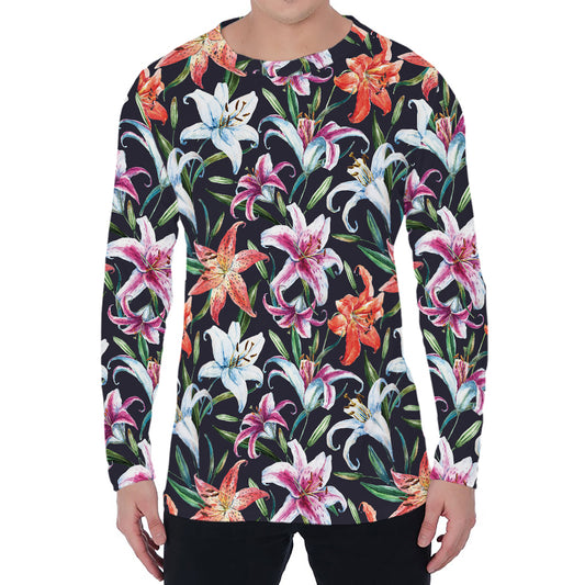 Watercolor Lily Flowers Pattern Print Men's Long Sleeve T-Shirt