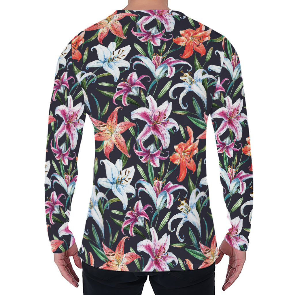 Watercolor Lily Flowers Pattern Print Men's Long Sleeve T-Shirt