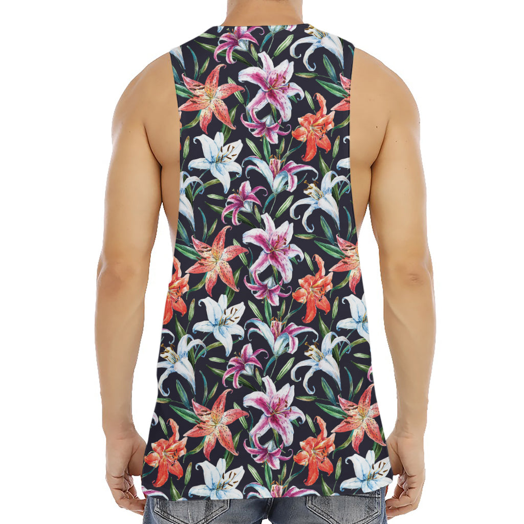 Watercolor Lily Flowers Pattern Print Men's Muscle Tank Top