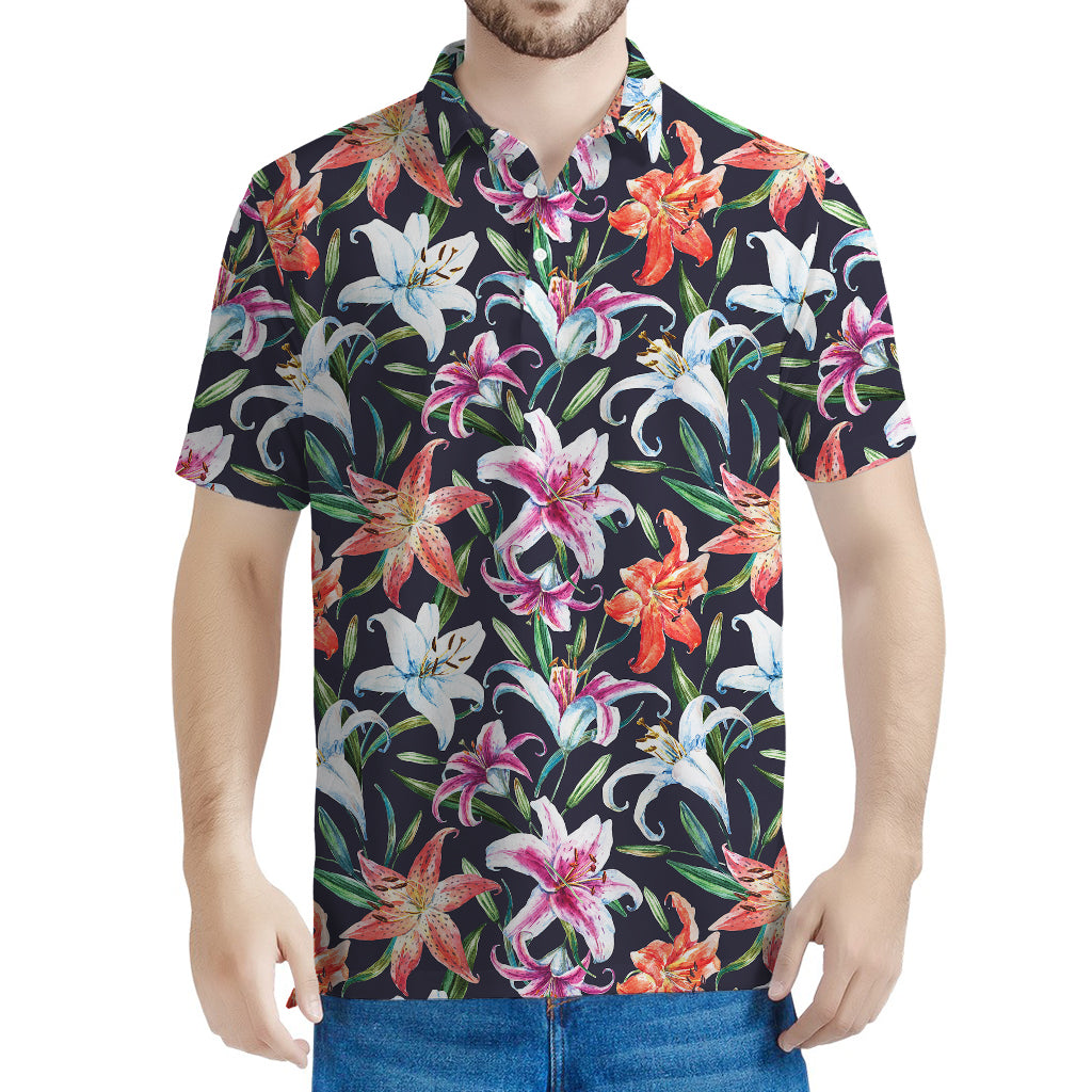 Watercolor Lily Flowers Pattern Print Men's Polo Shirt