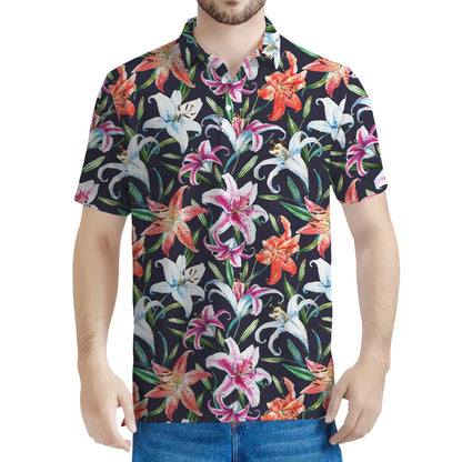 Watercolor Lily Flowers Pattern Print Men's Polo Shirt