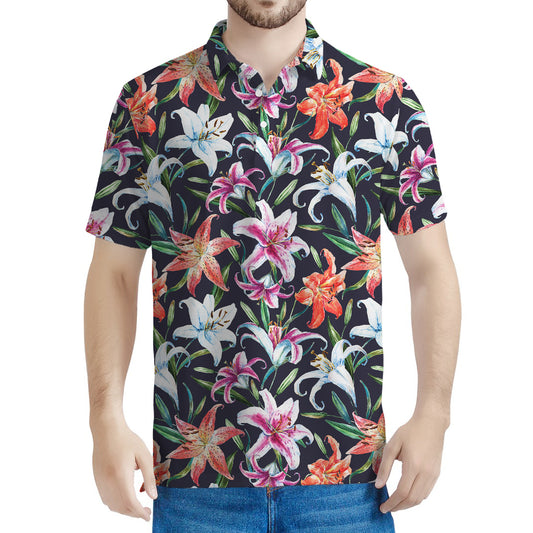 Watercolor Lily Flowers Pattern Print Men's Polo Shirt