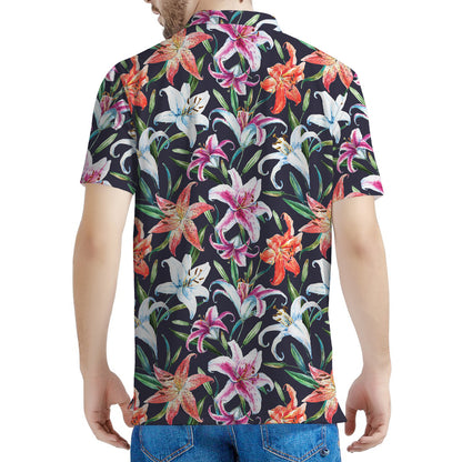 Watercolor Lily Flowers Pattern Print Men's Polo Shirt