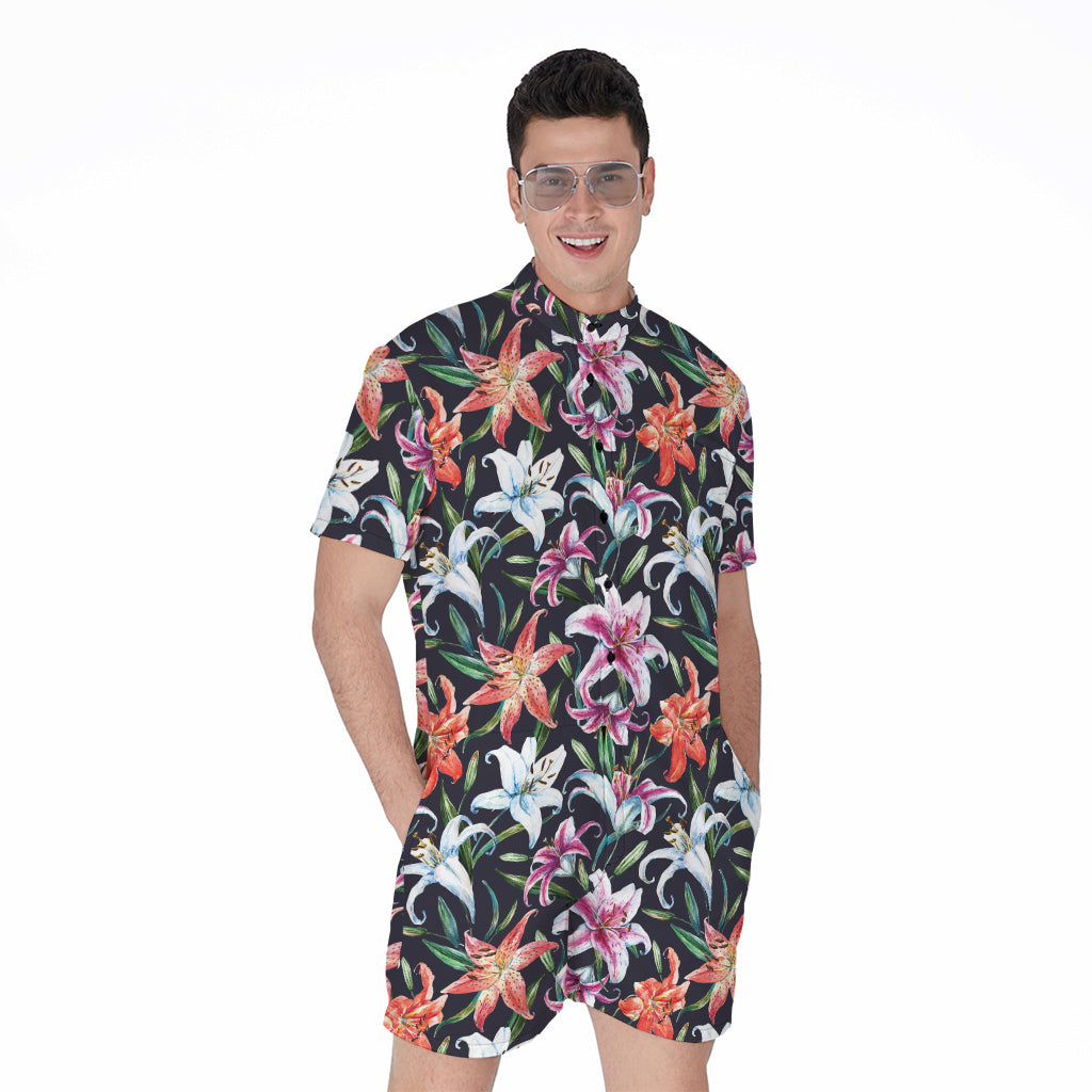 Watercolor Lily Flowers Pattern Print Men's Rompers