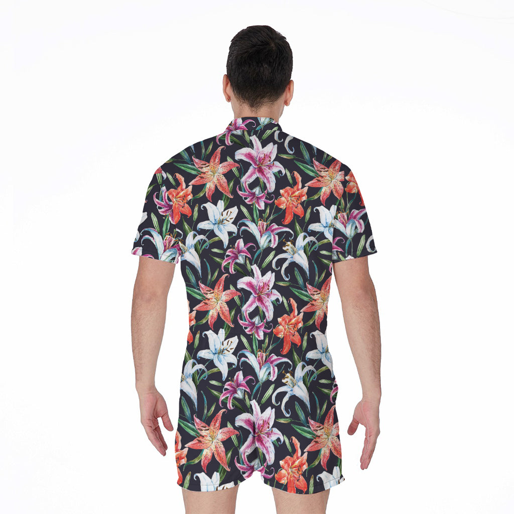 Watercolor Lily Flowers Pattern Print Men's Rompers