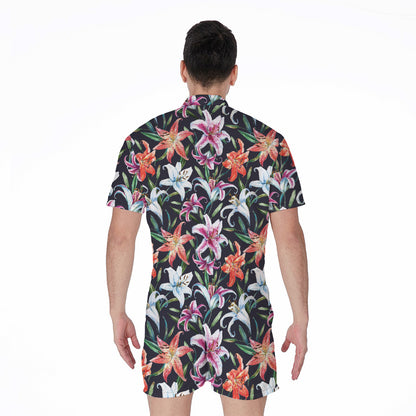 Watercolor Lily Flowers Pattern Print Men's Rompers