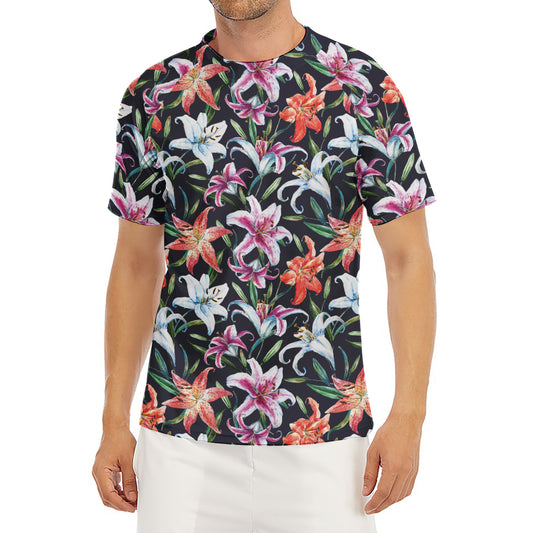 Watercolor Lily Flowers Pattern Print Men's Short Sleeve Rash Guard