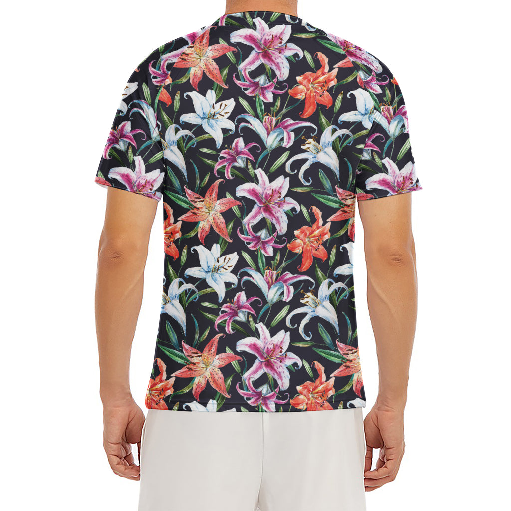 Watercolor Lily Flowers Pattern Print Men's Short Sleeve Rash Guard