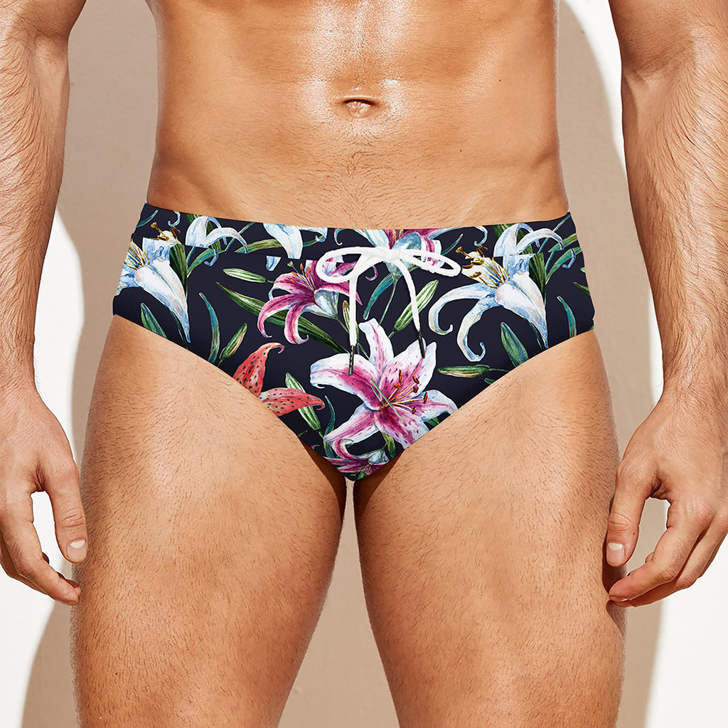 Watercolor Lily Flowers Pattern Print Men's Swim Briefs