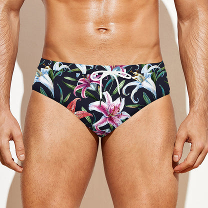 Watercolor Lily Flowers Pattern Print Men's Swim Briefs