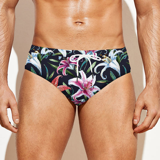 Watercolor Lily Flowers Pattern Print Men's Swim Briefs