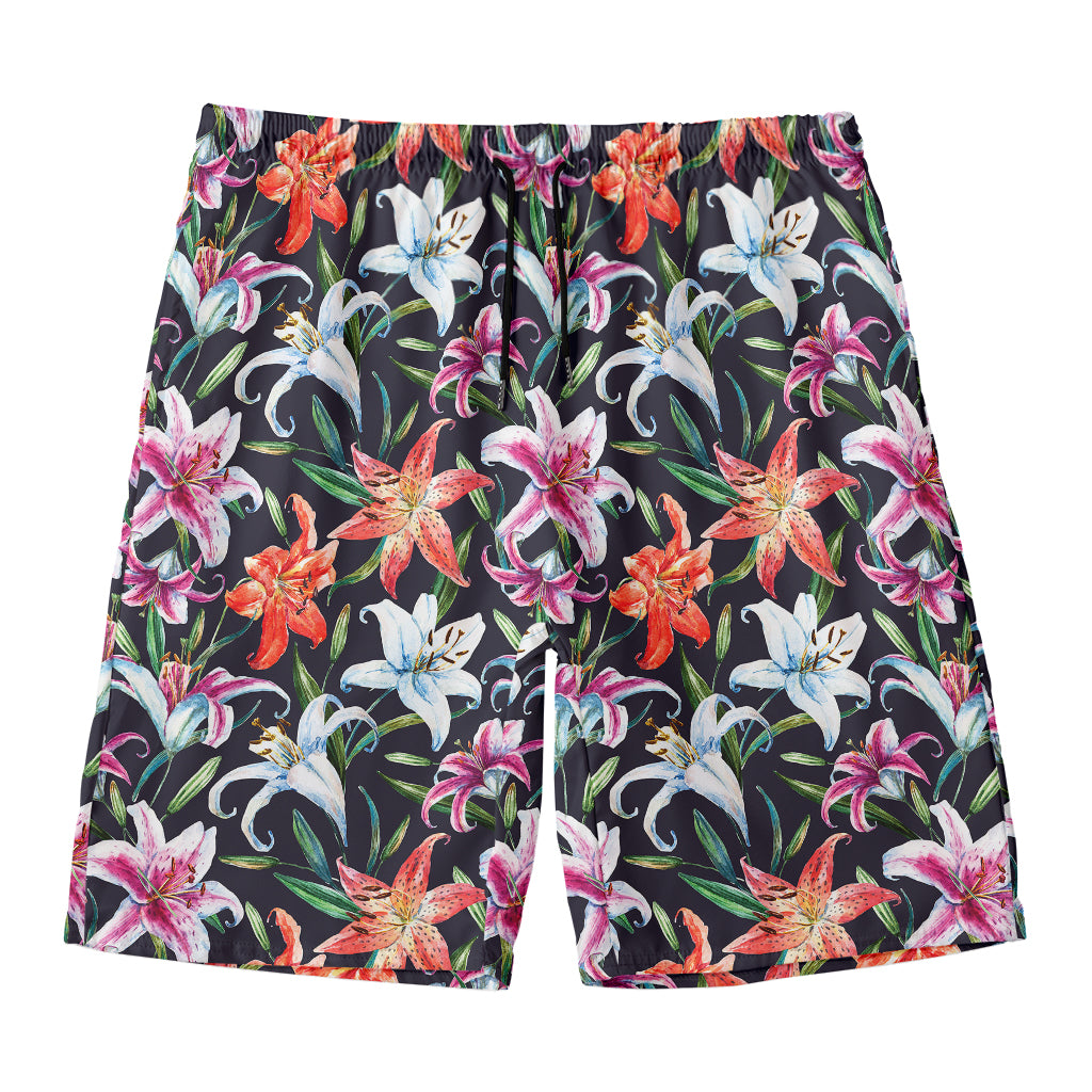 Watercolor Lily Flowers Pattern Print Men's Swim Trunks