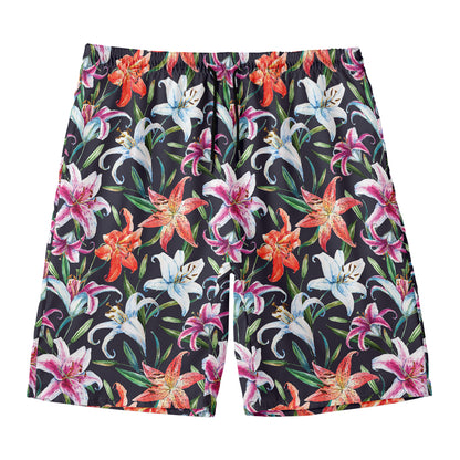 Watercolor Lily Flowers Pattern Print Men's Swim Trunks
