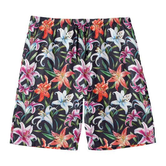 Watercolor Lily Flowers Pattern Print Men's Swim Trunks