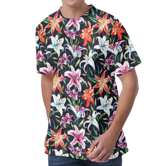 Watercolor Lily Flowers Pattern Print Men's Velvet T-Shirt