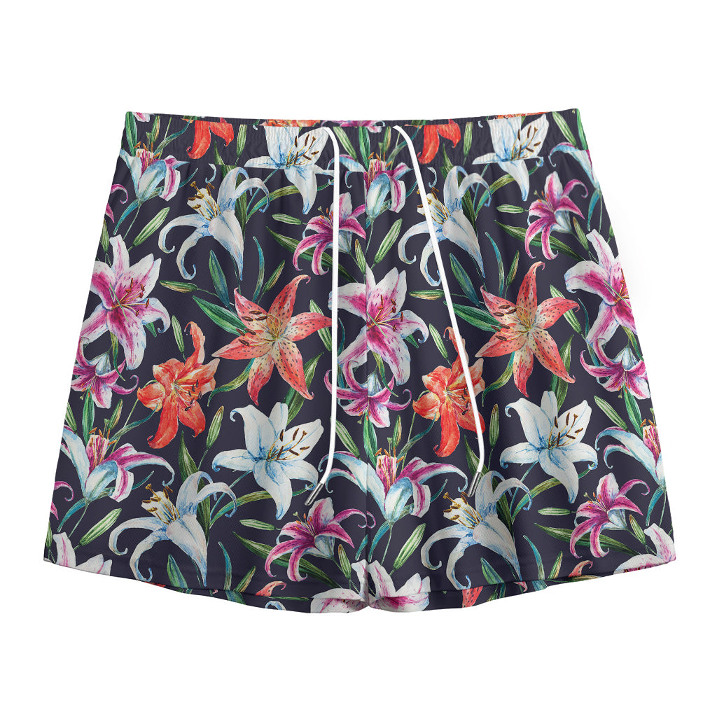 Watercolor Lily Flowers Pattern Print Mesh Shorts