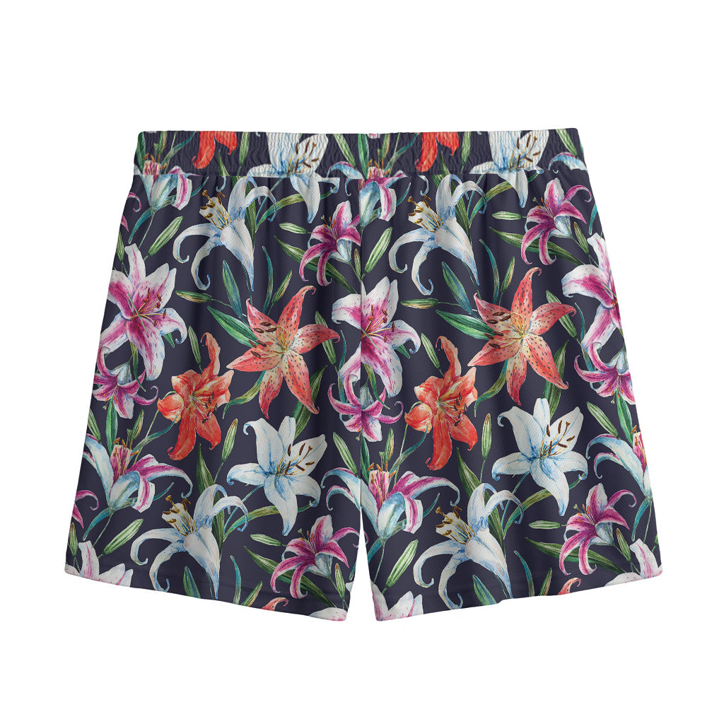 Watercolor Lily Flowers Pattern Print Mesh Shorts