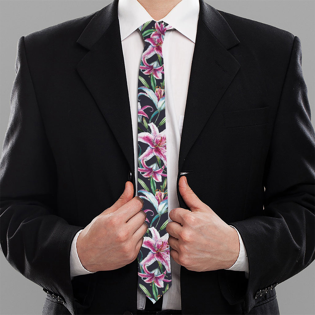 Watercolor Lily Flowers Pattern Print Necktie