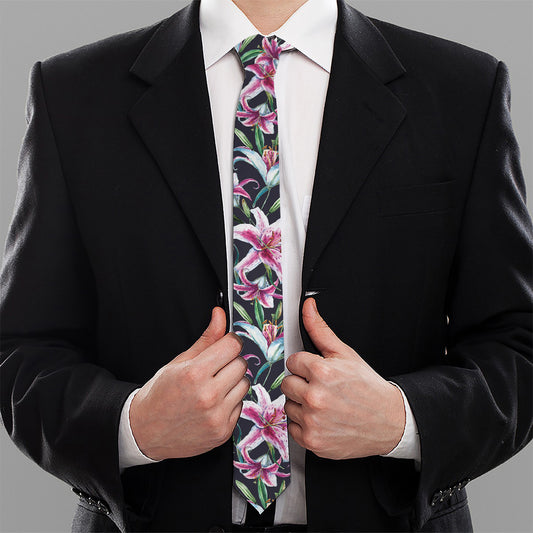 Watercolor Lily Flowers Pattern Print Necktie