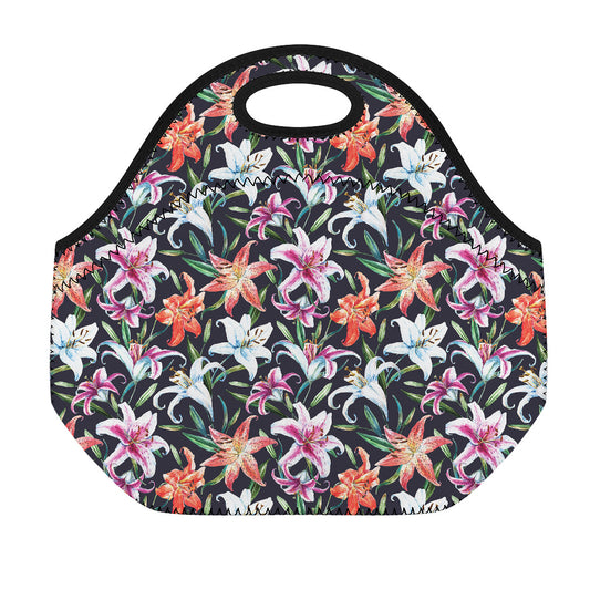 Watercolor Lily Flowers Pattern Print Neoprene Lunch Bag