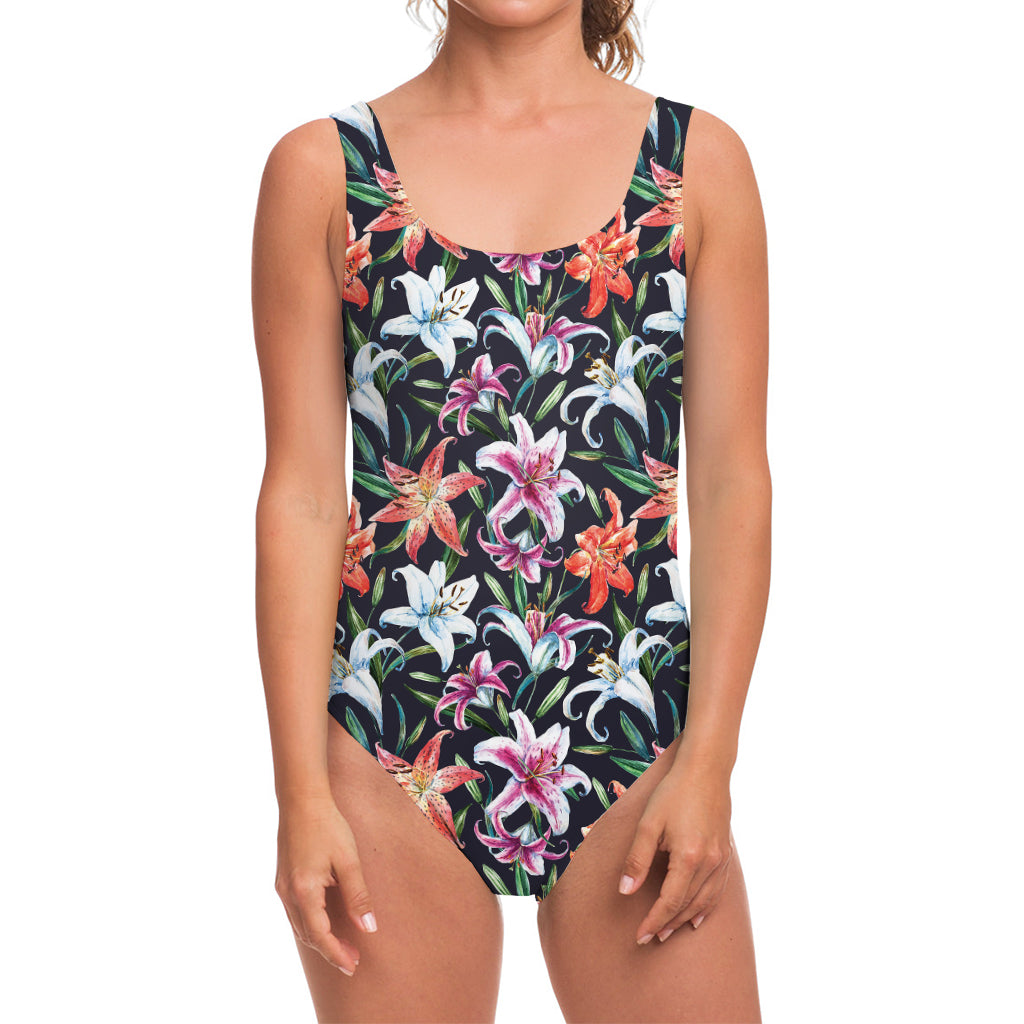 Watercolor Lily Flowers Pattern Print One Piece Swimsuit