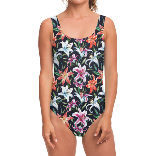Watercolor Lily Flowers Pattern Print One Piece Swimsuit