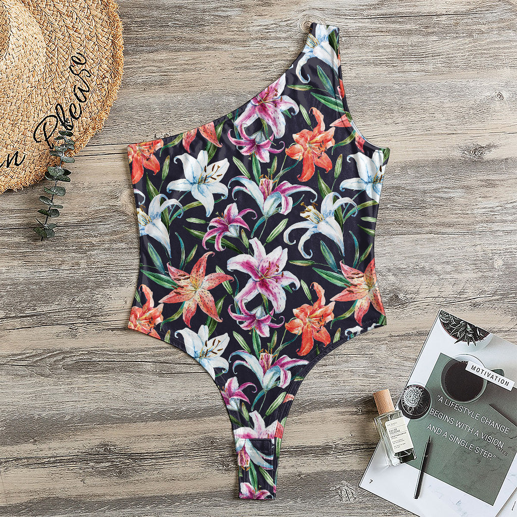 Watercolor Lily Flowers Pattern Print One Shoulder Bodysuit