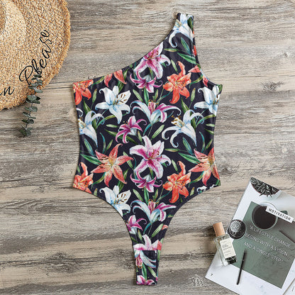 Watercolor Lily Flowers Pattern Print One Shoulder Bodysuit