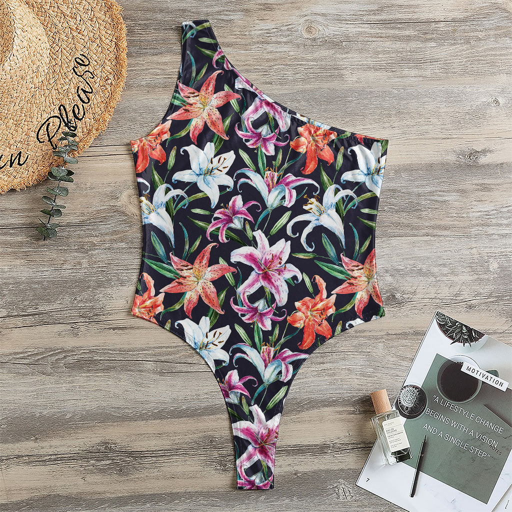 Watercolor Lily Flowers Pattern Print One Shoulder Bodysuit