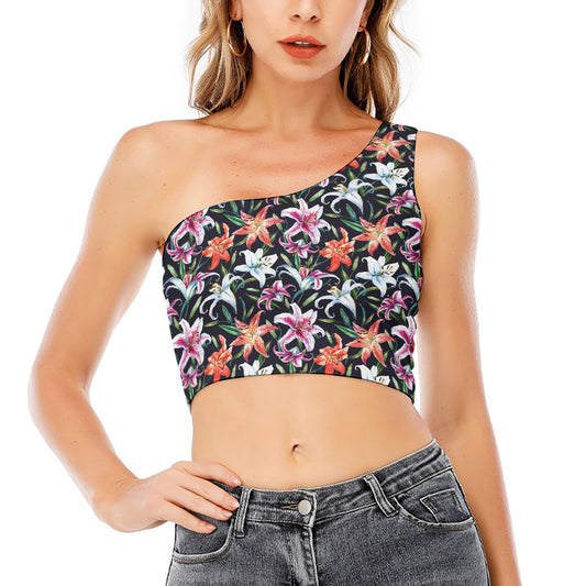 Watercolor Lily Flowers Pattern Print One Shoulder Crop Top