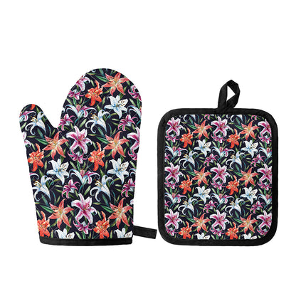 Watercolor Lily Flowers Pattern Print Oven Mitt And Pot Holder Set