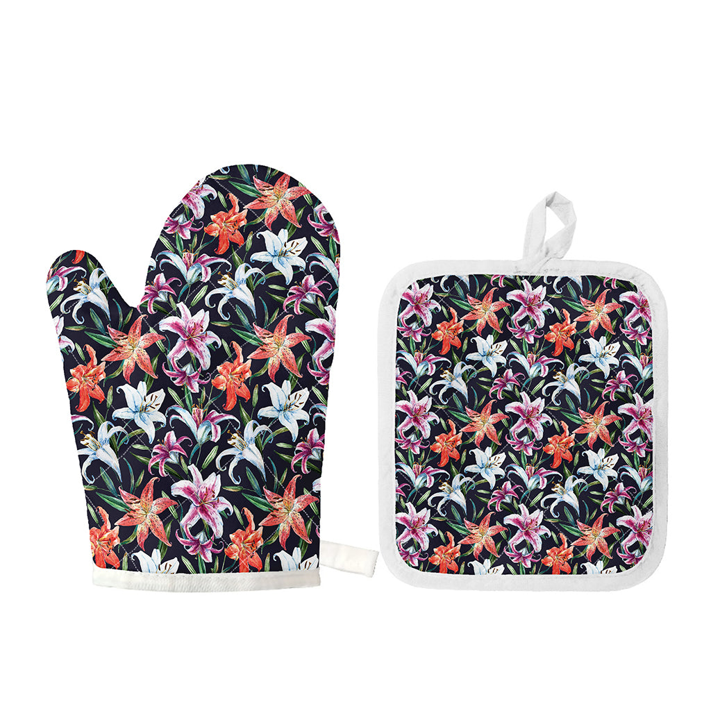 Watercolor Lily Flowers Pattern Print Oven Mitt And Pot Holder Set