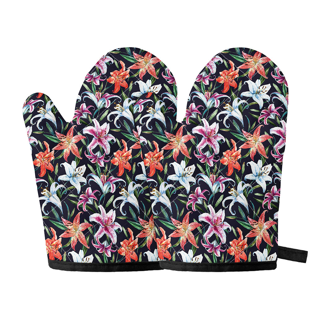 Watercolor Lily Flowers Pattern Print Oven Mitts
