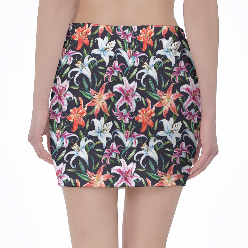 Watercolor Lily Flowers Pattern Print Pencil Mini Skirt