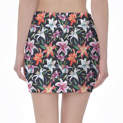Watercolor Lily Flowers Pattern Print Pencil Mini Skirt